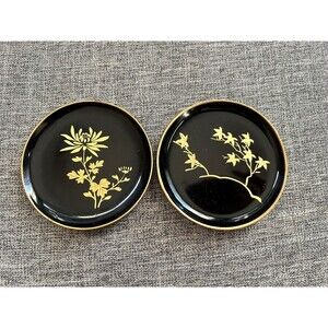 Vintage Japanese Gold Black Lacquer Coaster Set Of 2 Floral Wood